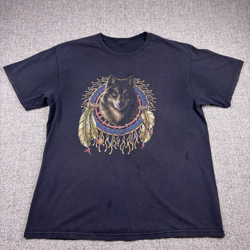 Y2K Wolf Dreamcatcher Graphic T Shirt XL Native American Nature Black VTG